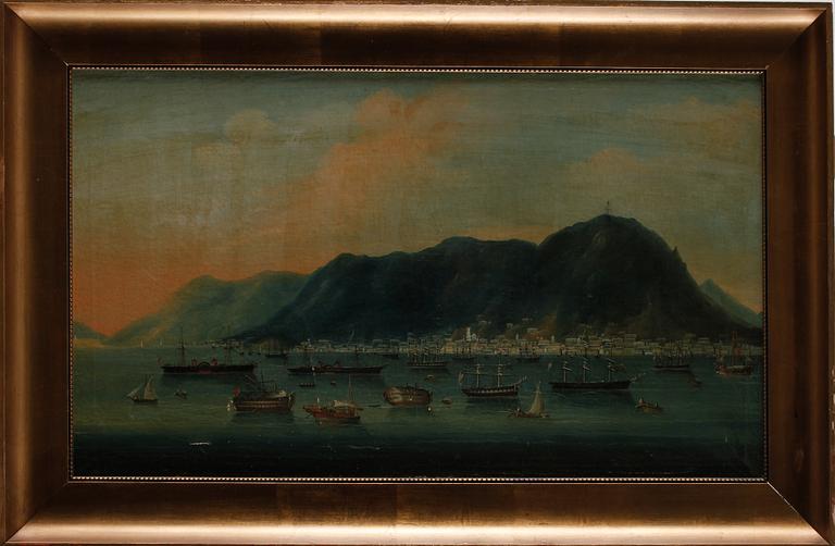 An oil painting on canvas over Hong Kong by anonymous artist, Qing dynasty, 19th Century.