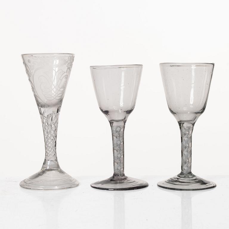 Three spiral-stemmed glasses, 18th Century.