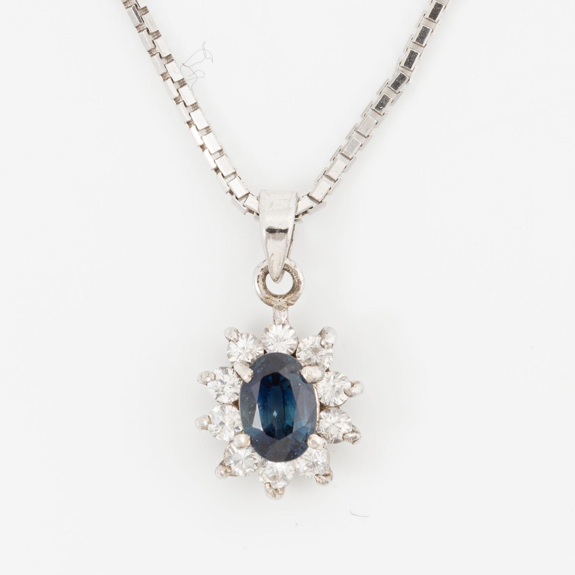 Earrings, a pair and a pendant with chain, silver.