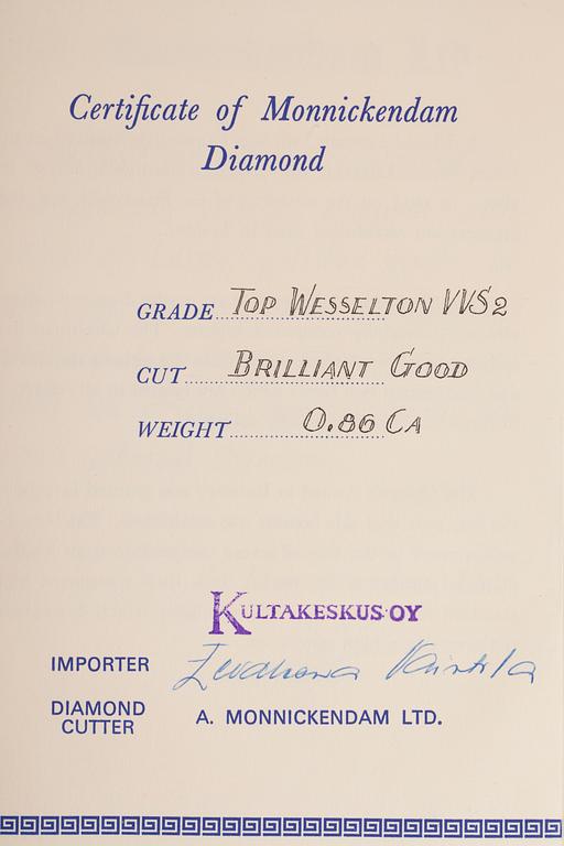 DIAMANT, briljantslipad 0,86 ct F-G (Top Wesselton) / VVS2.