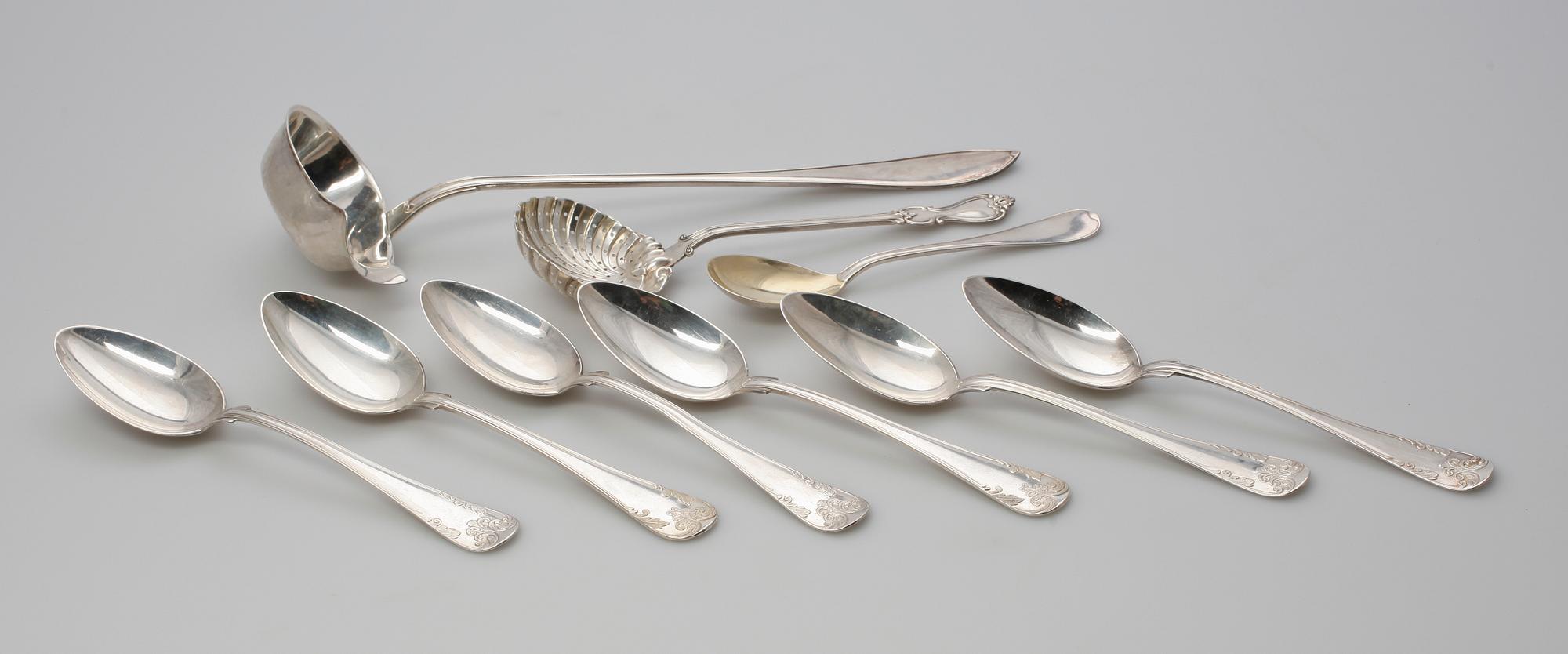 PARTI SILVER, 9 delar, bla GAB, 1870-1910-tal.