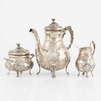 A 3-piece Rococo style silver coffee service, bearing Swedish import marks, 20th Century.
