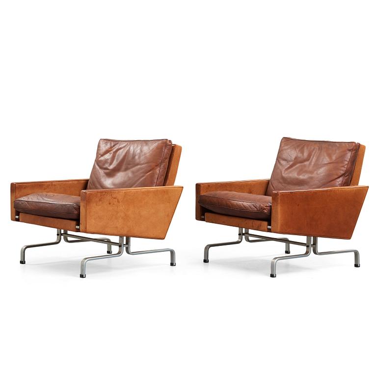 Poul Kjaerholm, A pair of Poul Kjaerholm 'PK-31' steel and brown leather easy chairs, by E old Christensen, Denmark 1960's.