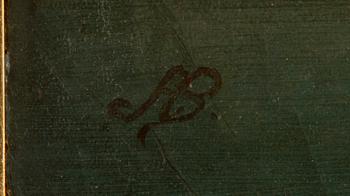 Skymningslandskap med figurstaffage.