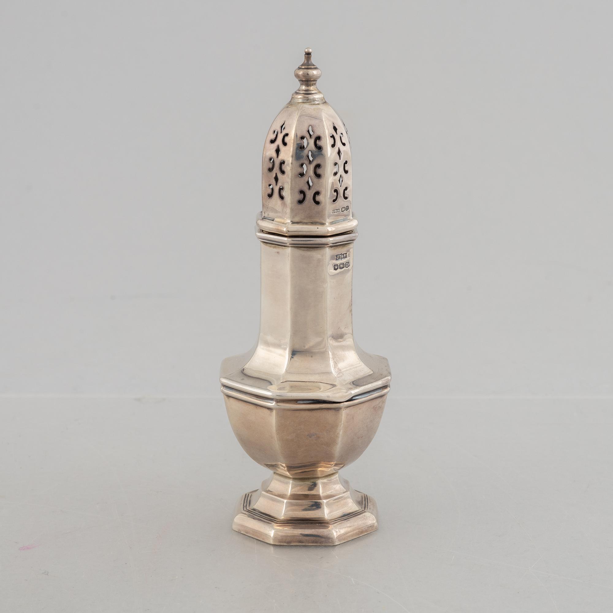 An English silver spice shaker, mark of James Dixon & Sons Ltd, Sheffield, 1946.