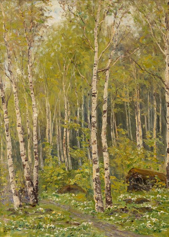 Charlotte Wahlström, Spring landscape with birches and wood anemones.
