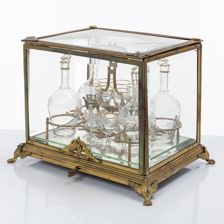 Liqueur set, glass and brass, first half of the 20th century.