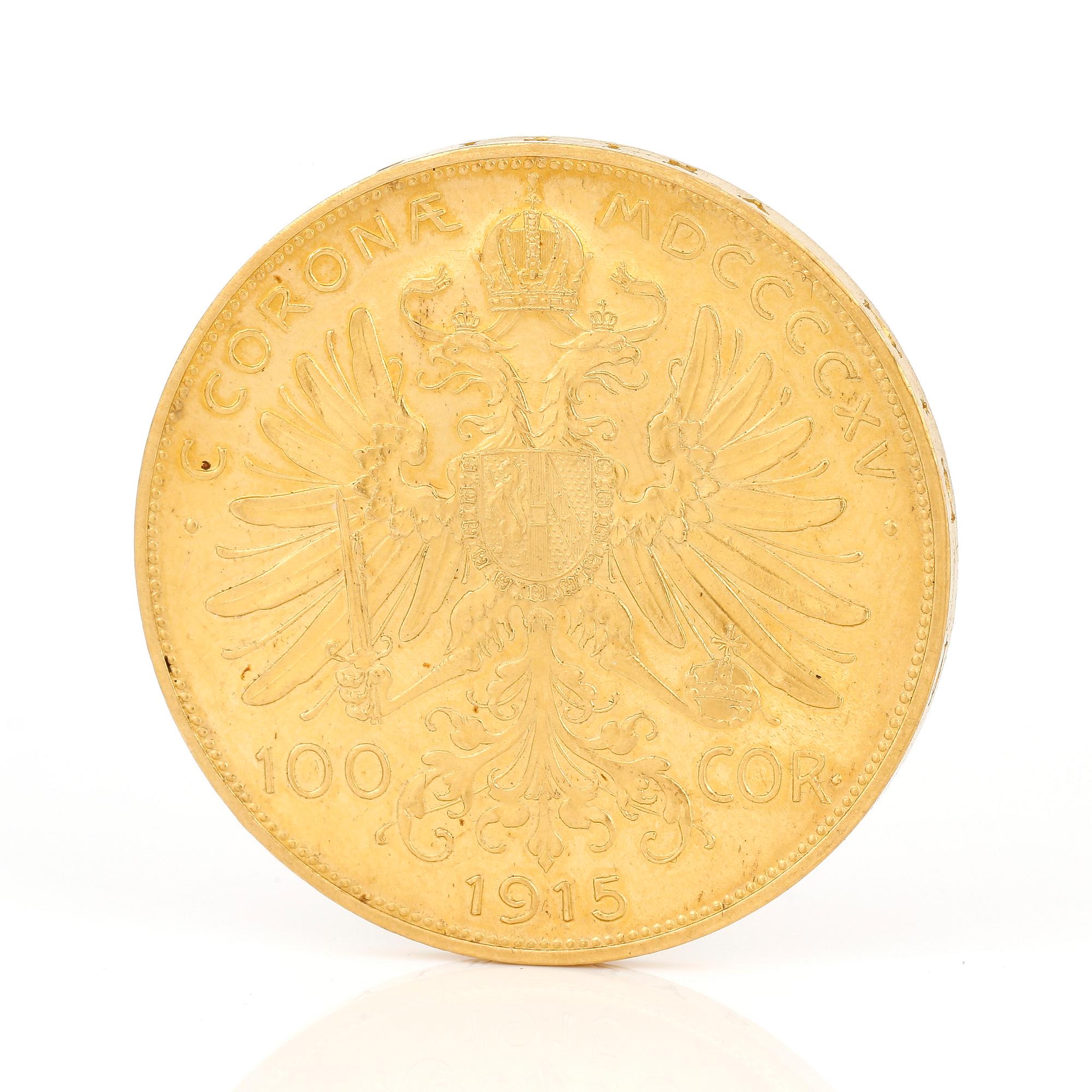 GULDMYNT, 100 Corona, Kejsarriket Österrike-Ungern, 1915. Vikt ca 33 gram.