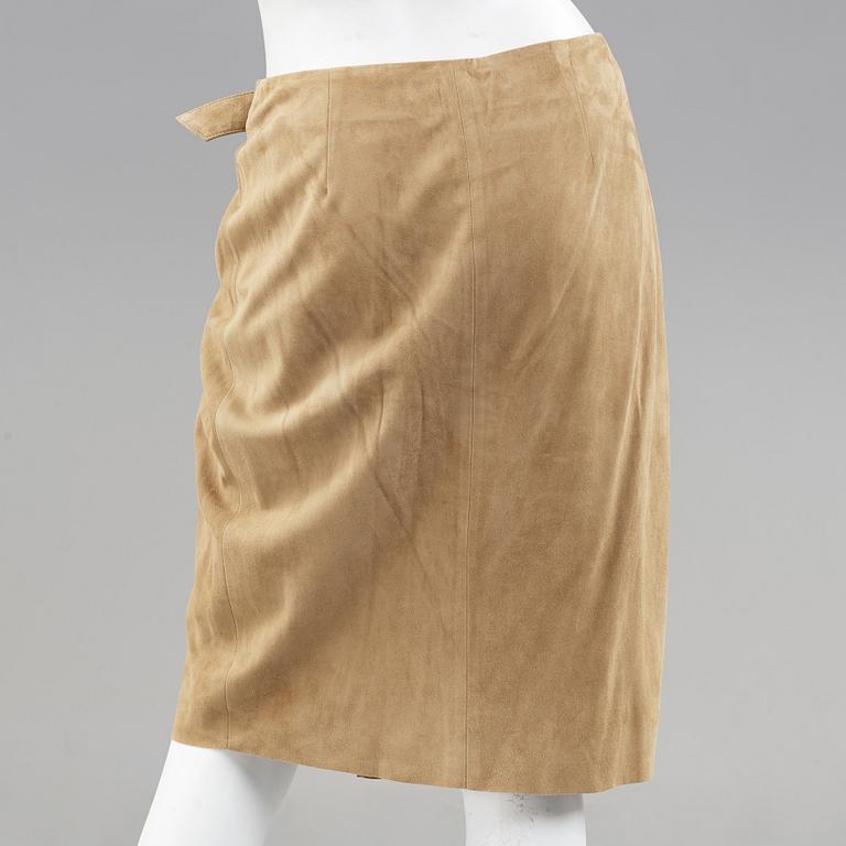 A beige suede skirt by ralph Lauren.