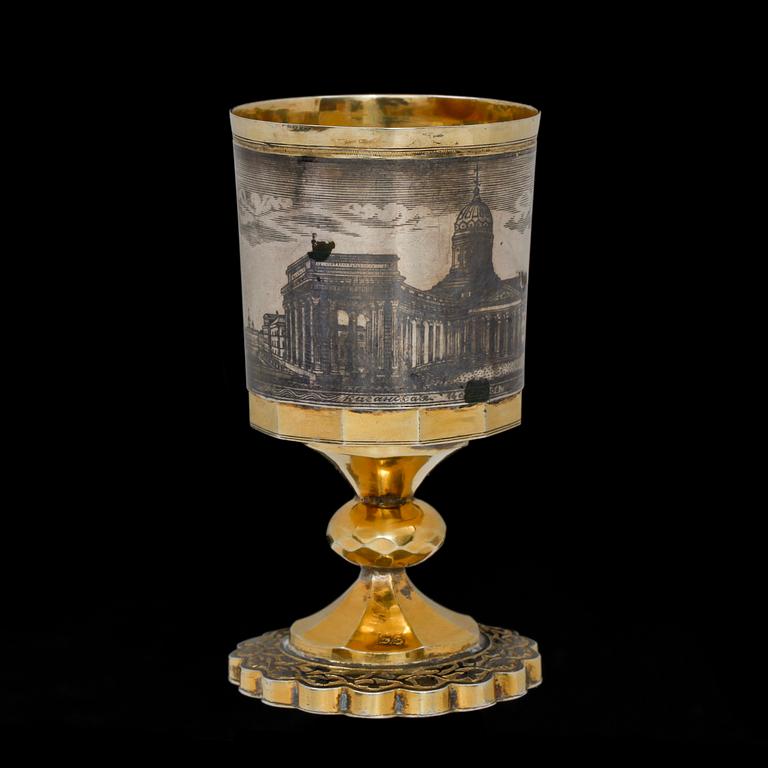 A Russian silver-gilt and niello vodka-cup, makers mark probably of Ivan Sujew, Wologda 1840's.