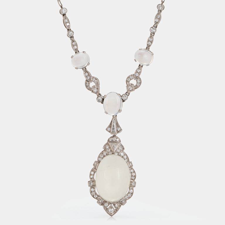 A platinum necklace set with moonstones and old- and eight-cut diamonds.