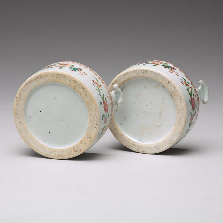 A pair of famille rose 'double peacock' condiment dishes, Qing dynasty, Qianlong (1736-95).