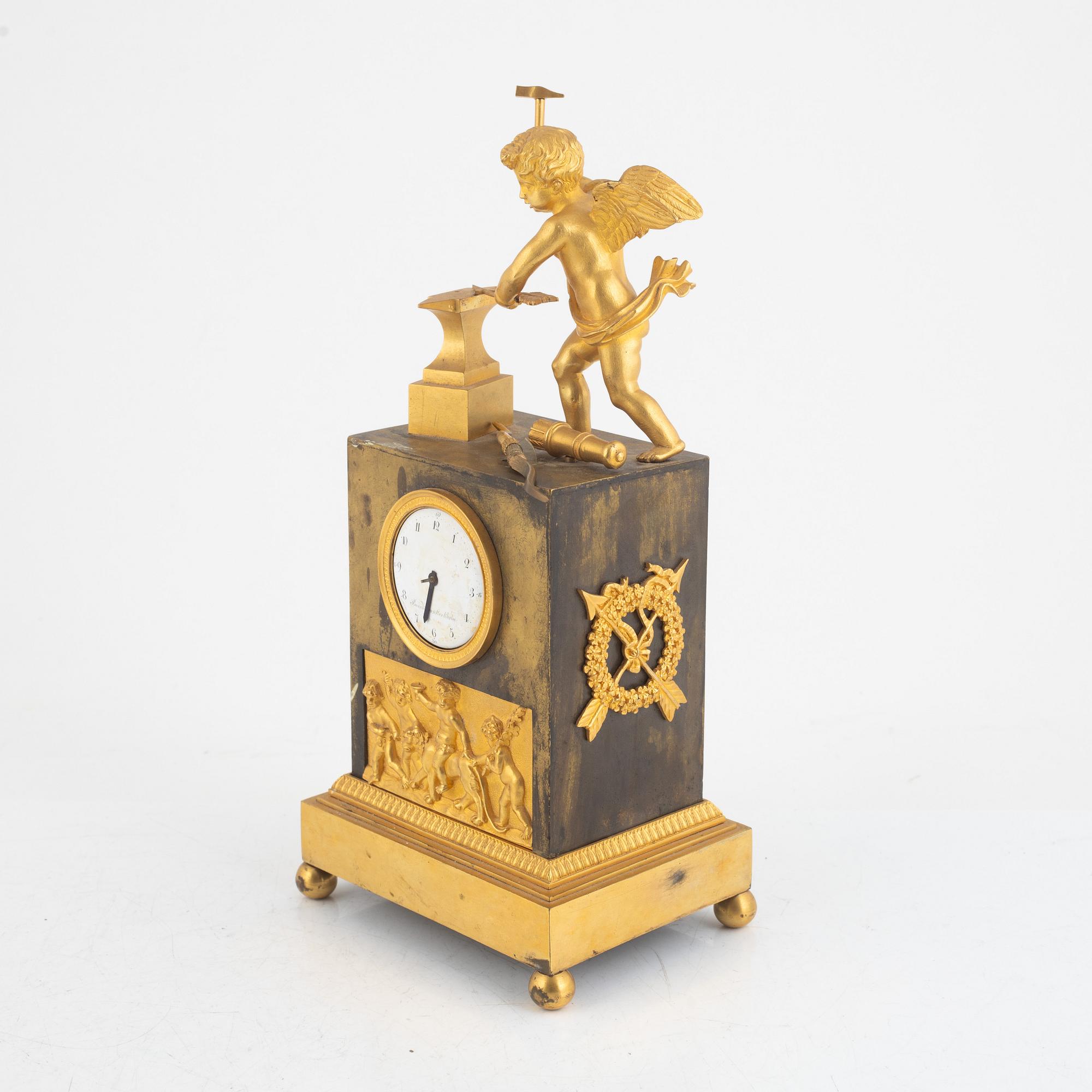 A late Gustavian ormolu and patinated bronze mantel clock by A. Bourdillon (watchmaker in Stockgolm 1761-99).