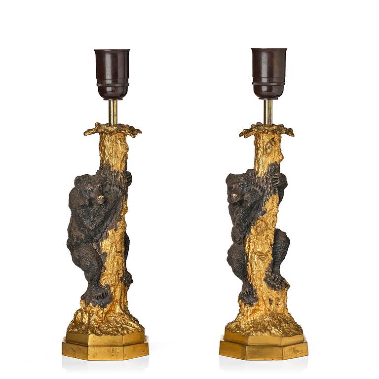 A pair of Russian Alexander III gilt and patinated bronze table lamps, late 19th century.