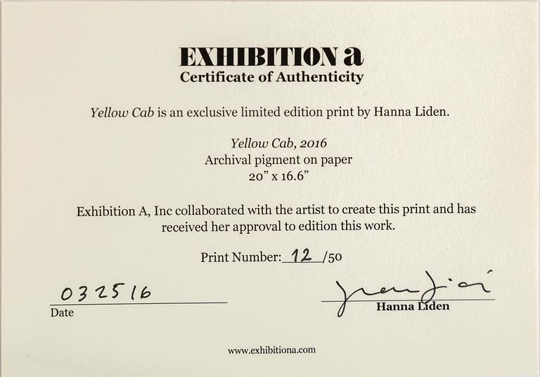 HANNA LIDEN, archival pigment, signed och numbered 12/50, dated 2016 on verso.