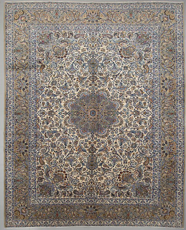 A SIGNED KESHAN RUG, 376 x 297 cm.