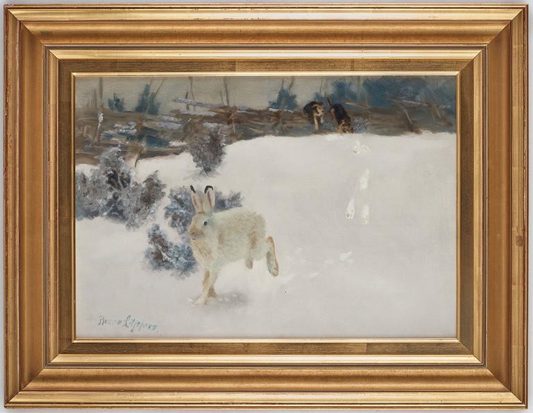 Bruno Liljefors, Winter landscape with hare and hounds.