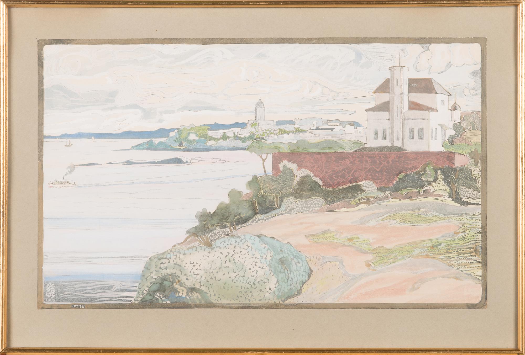 Aleksanteri Ahola-valo, linoleum cut and gouache, monogram signed.