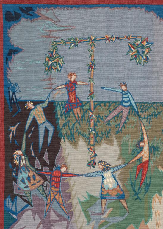 VÄVD TAPET. "Midsommardans" ("La danse de la Saint-Jean"). Gobelängteknik. 235 x 326 cm. Signerad PF GYNNING.