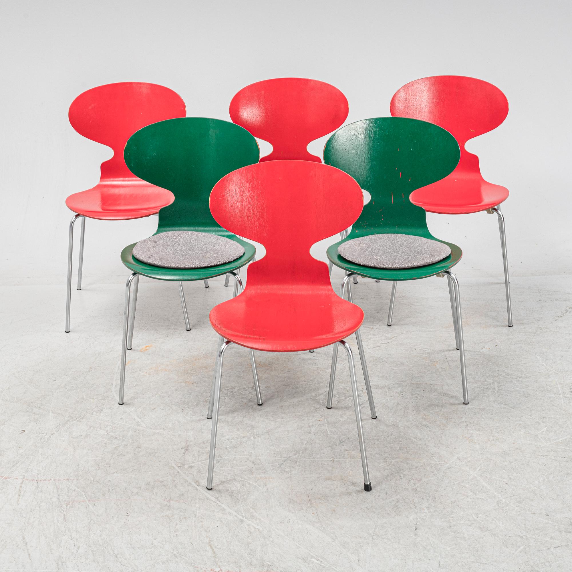 Arne Jacobsen, stolar, 6 st., "Myran", Fritz Hansen, Danmark, 1969-1970.