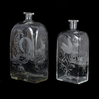 BRÄNNVINSFLASKOR, 2 st, glas, 1800-tal.