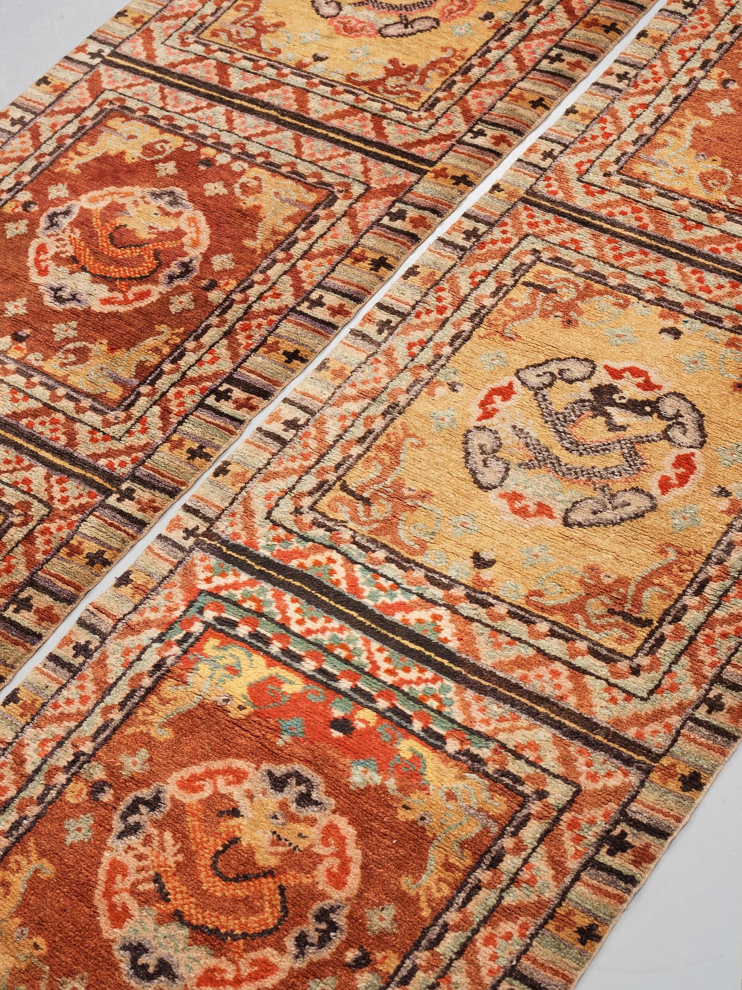 MEDITATION RUGS, 1 pair, old/semi-antique China, ca 199 x 73,5 and 200,5 x 71,5 cm.