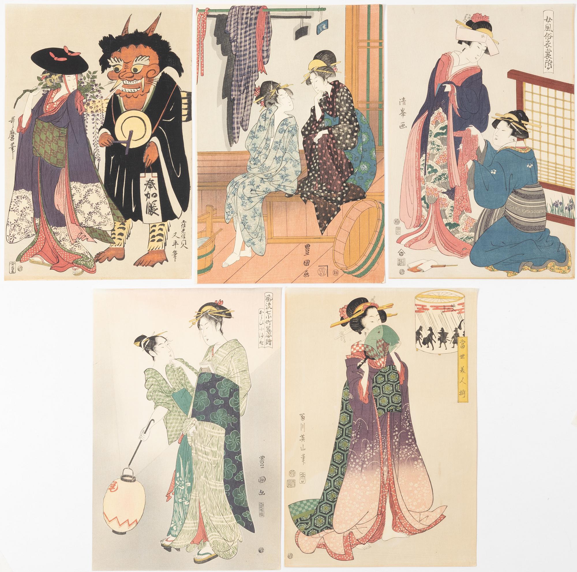 Five woodblock prints from a publication by "Tokyo Bijutsu Kankokai" (Tokyo Art Publishing Association" early 1900s.