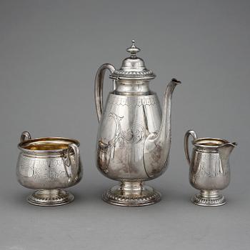 KAFFESERVIS, 3 delar, silver, Anders Gustaf Millberg, Stockholm, 1877-78. Vikt ca 697 g.