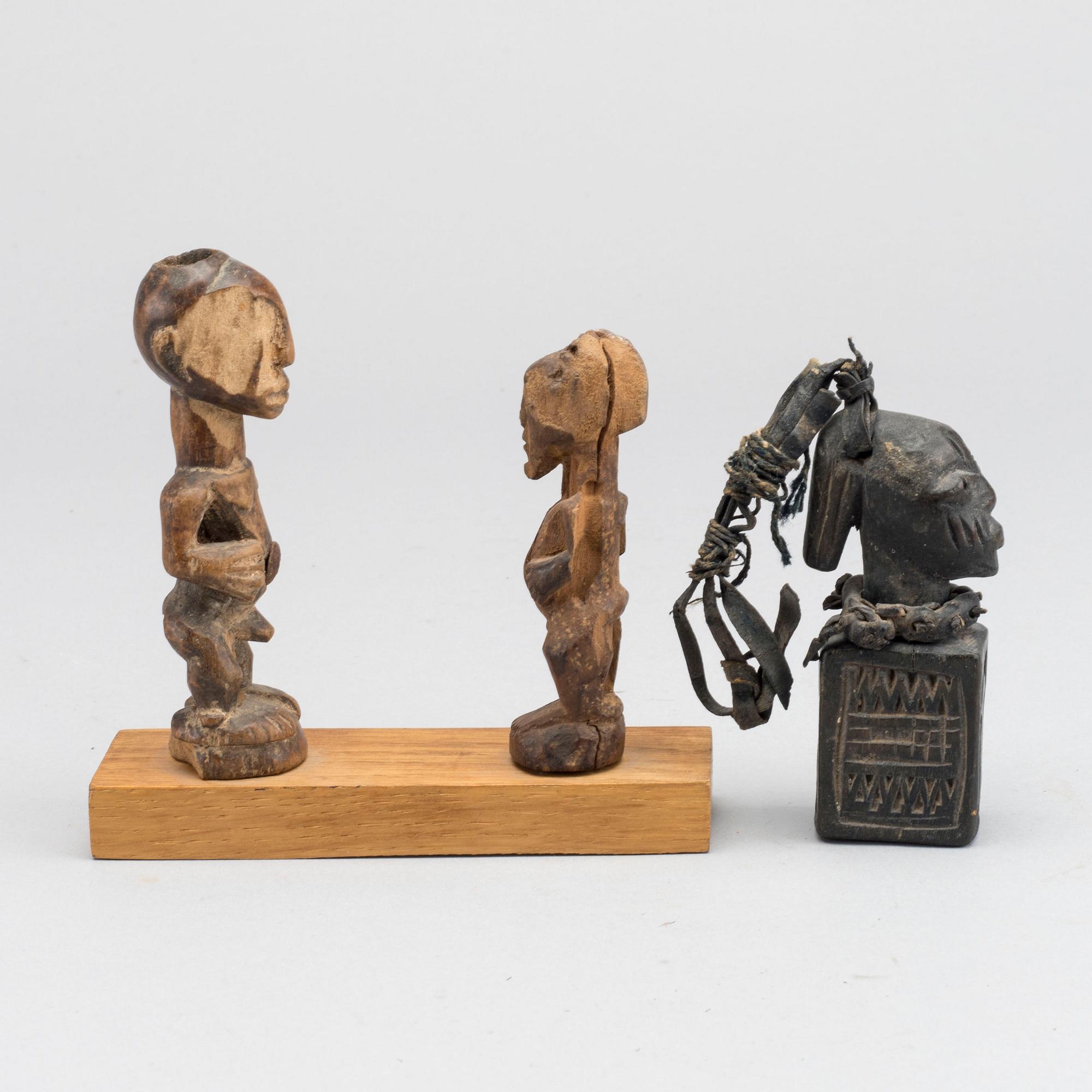 Fetishes, Two Songye, Kongo and one Eshu, Yoruba, Nigeria.