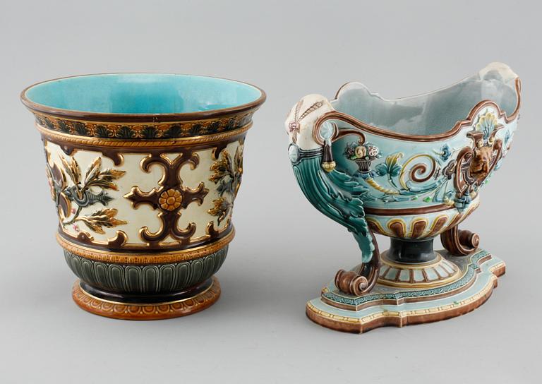 Majolica jardiniere and flower pot from Gustavsberg and Rörstrand respectively, turn of the century 1900.