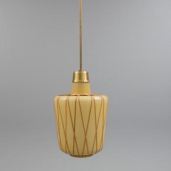 A Swedish vanilla coloured glass ceiling light with fretted rattan, 1930-40's.