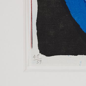 David Hockney, "Flowers, apple and pear on table".