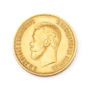 A RUSSIAN 10 RUBEL GOLD COIN, Nikolai II, 1902. Ca 5 grams.