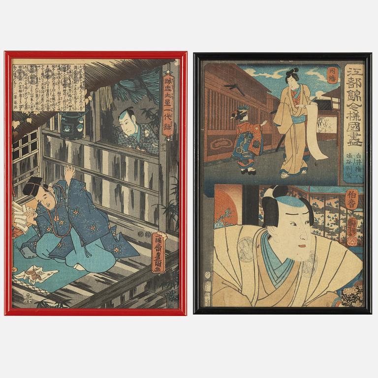 Utagawa Kunisada och Utagawa Kuniyoshi, färgträsnitt, 2st, Japan, 1800-talets mitt.