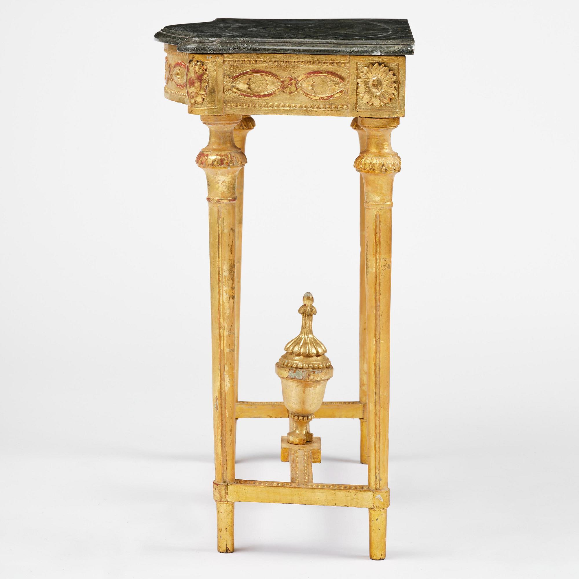 A Gustavian giltwood and Kolmårdsmarble-top console table, Stockholm, late 18th century.