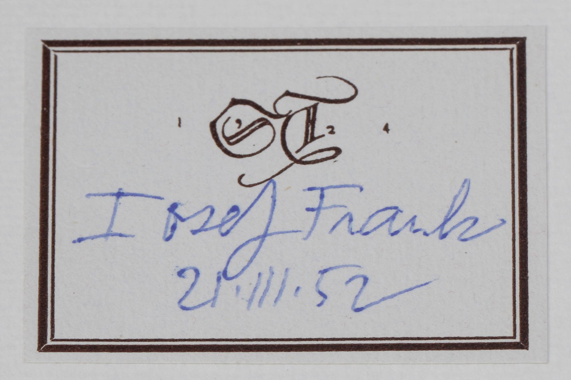 BOK, "Josef Frank, tjugo år i Svenskt Tenn", Nationalmusei utställningskatalog 188, 1952.