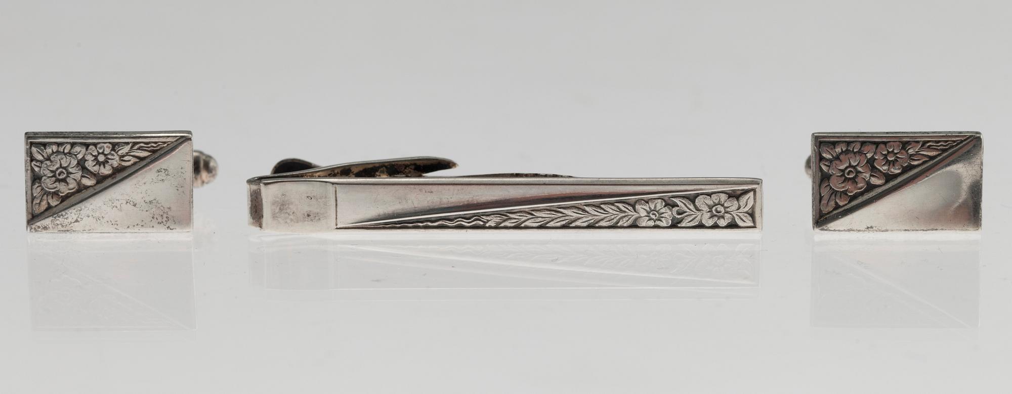 MANCHETTKNAPPAR och SLIPSNÅL, silver, OMN Åbo 1956.