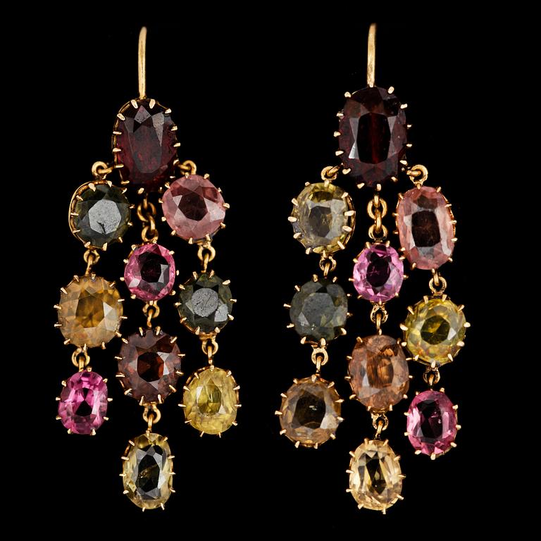 A pair of multi coloured chandelier earrings.