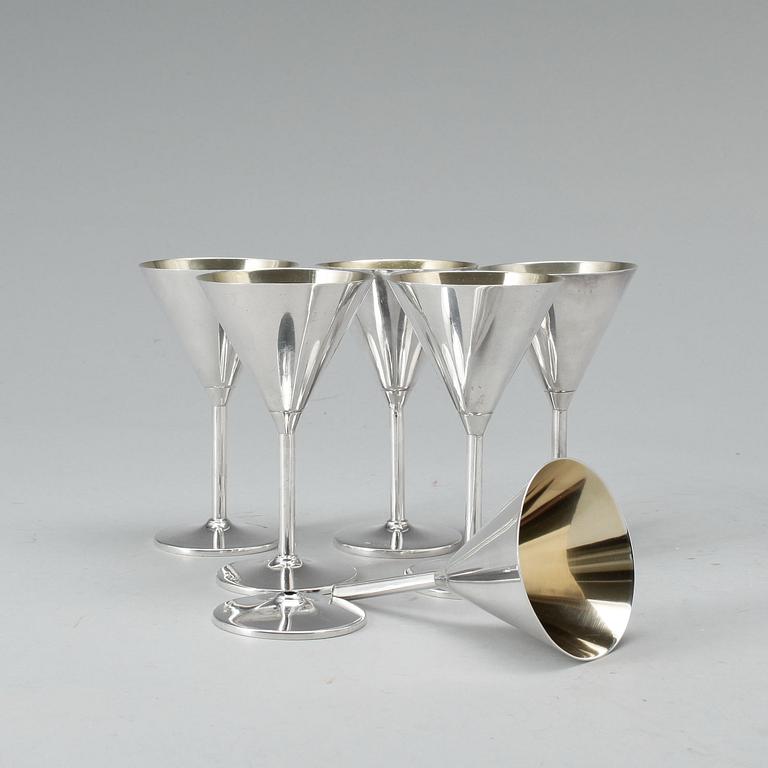 STARKVINSGLAS, 6 st, silver, C G Hallberg, Stockholm, 1937. Totalvikt ca 380 gram.