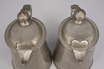 SKÄNKSTOP, 2 st. Tenn, svenska mästare. 1800-tal.