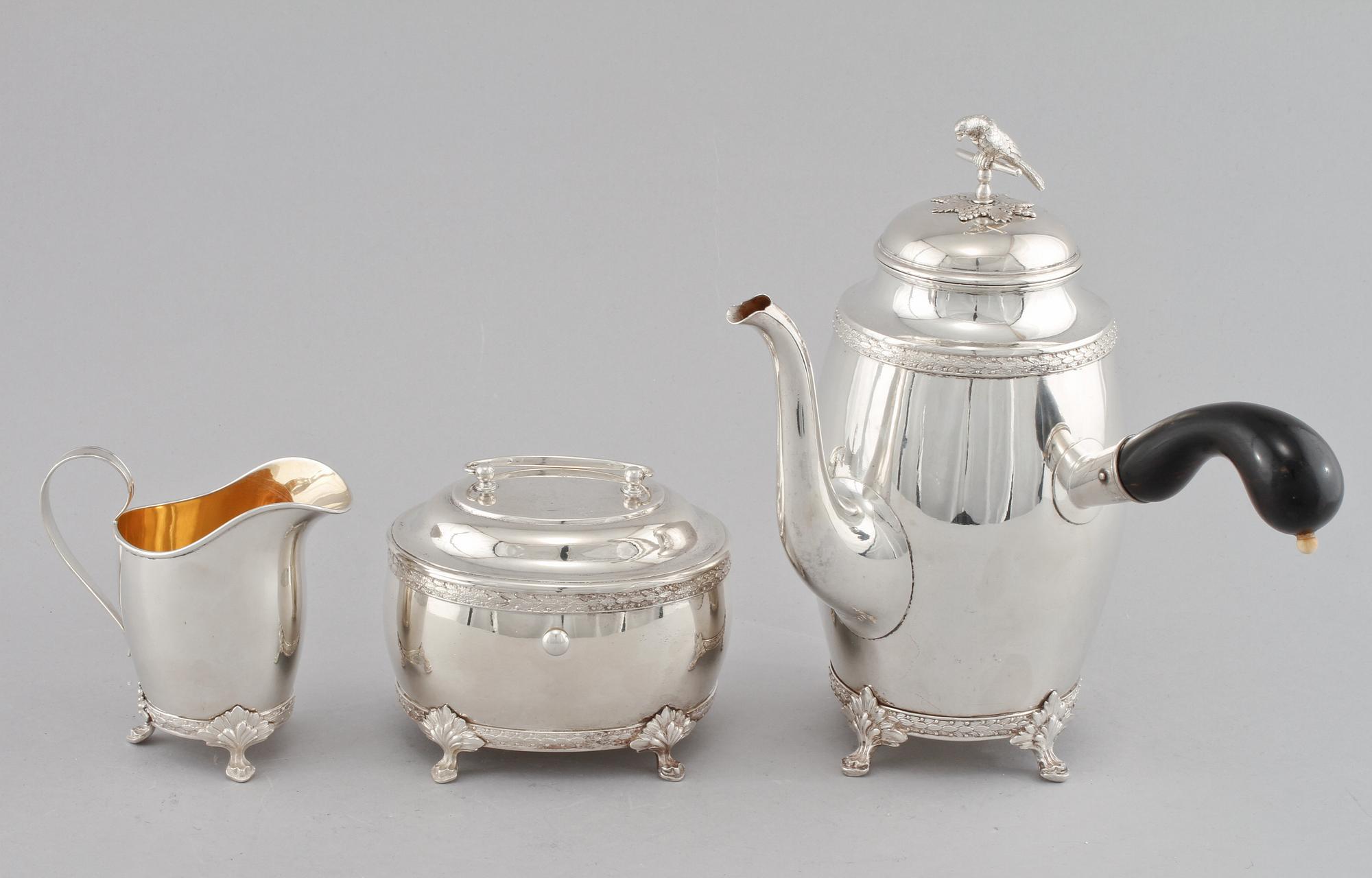 KAFFESERVIS, 3 delar, silver, Gustaf Möllenborg, Stockholm, 1906. Total vikt 1250 g.