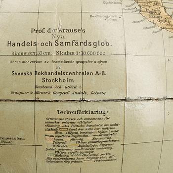 JORDGLOB, Dr. Krauses Handels- och Samfärdsglob, Leipzig, 1900-talets första hälft.