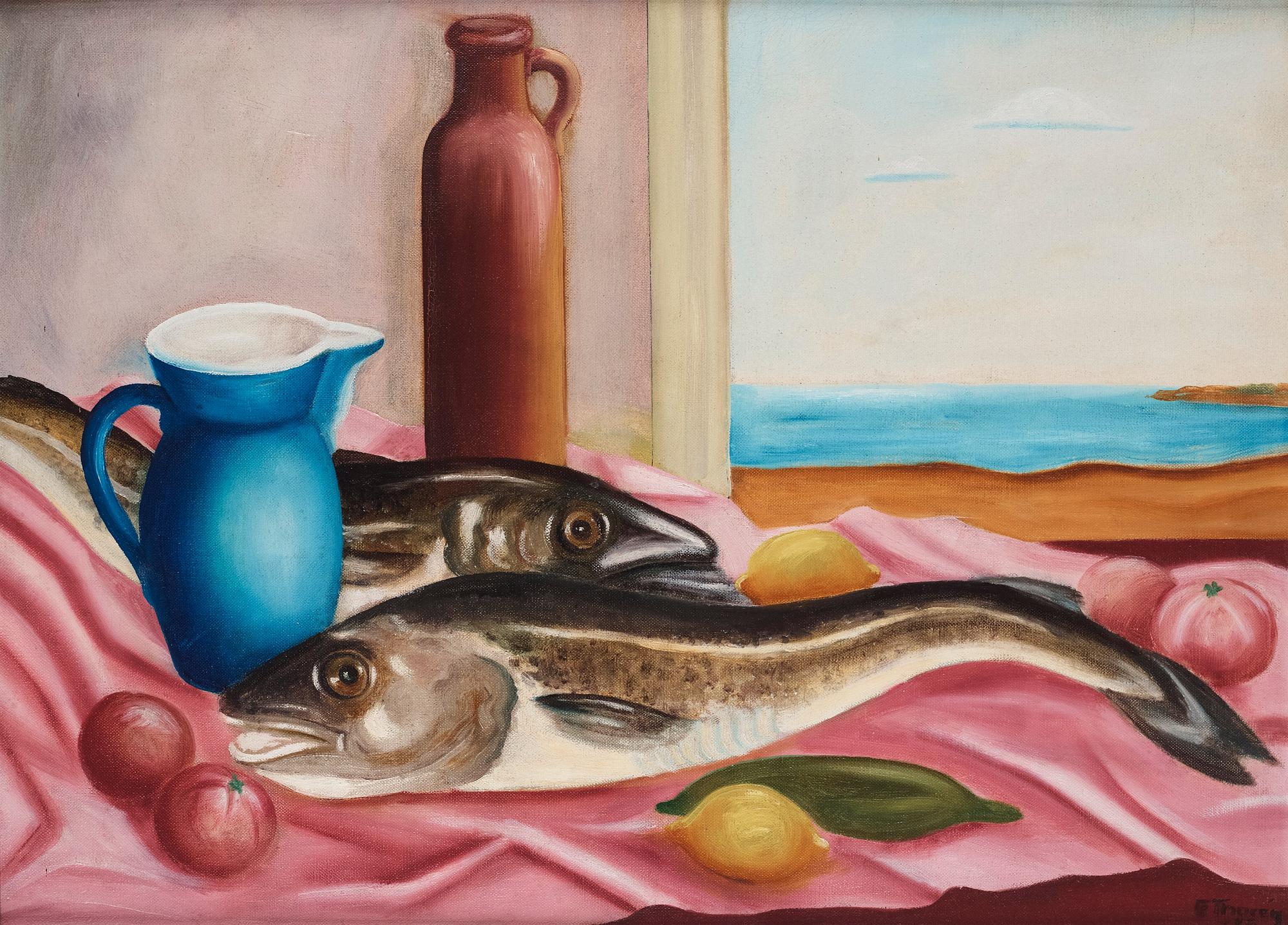 Still life with fish and lemons.