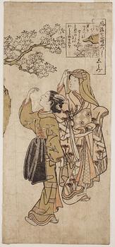 SUZUKI HARUNOBU (1724/25-70), efter, färgträsnitt. Japan, 1800-tal.