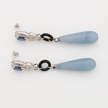Sapphire, eight cut diamond, onyx and aquamarine drop earrings.