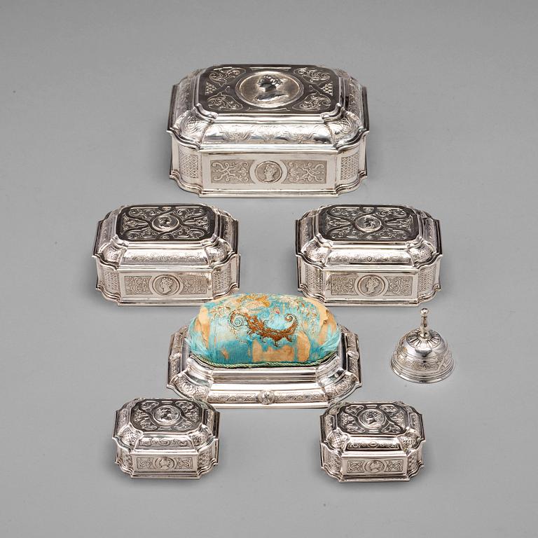 A Swedish 18th century 7 piece silver toilet service, mark of Johan Lorenz Starin, Stockholm 1736.