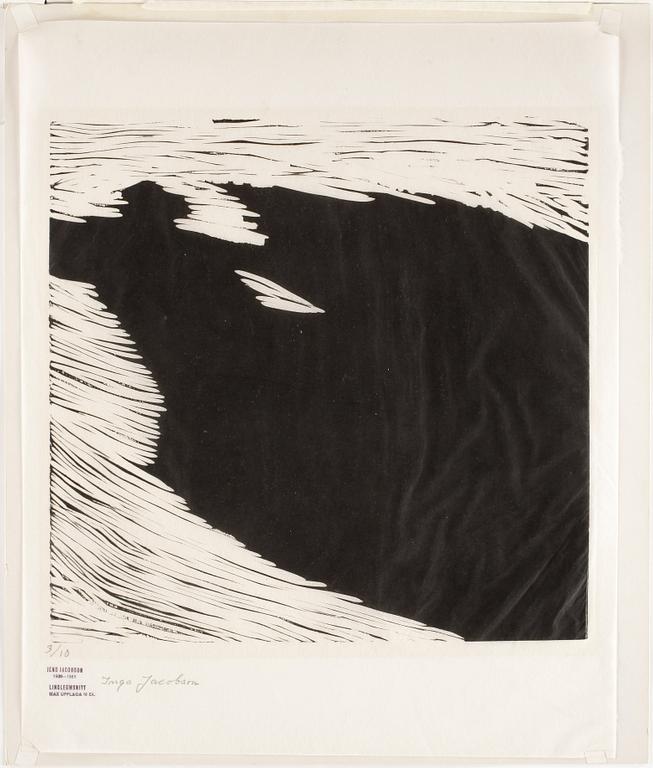 OKÄND KONSTNÄR, linoleumsnitt, signerad Inga Jacobsen samt märkt 3/10.