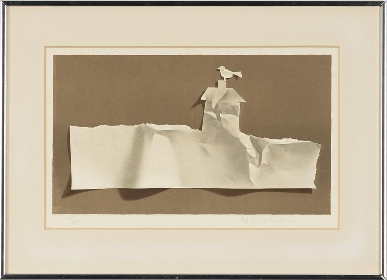 Yrjö Edelmann, paper sheet with a cut-out house and bird.
