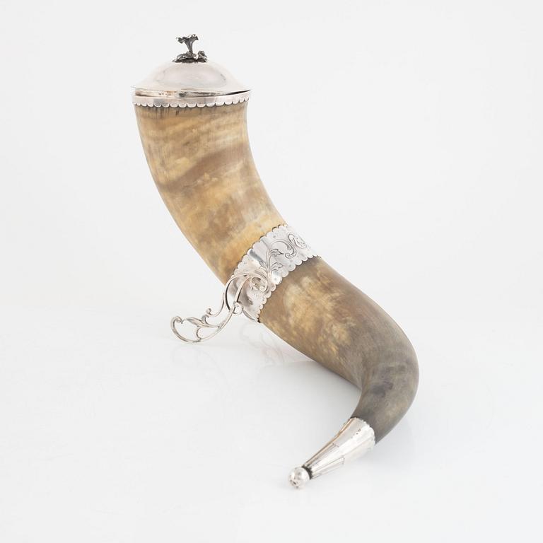 Drinking horn with lid, silver, Per Oskar Fredrik Närman, Mariestad 1876.