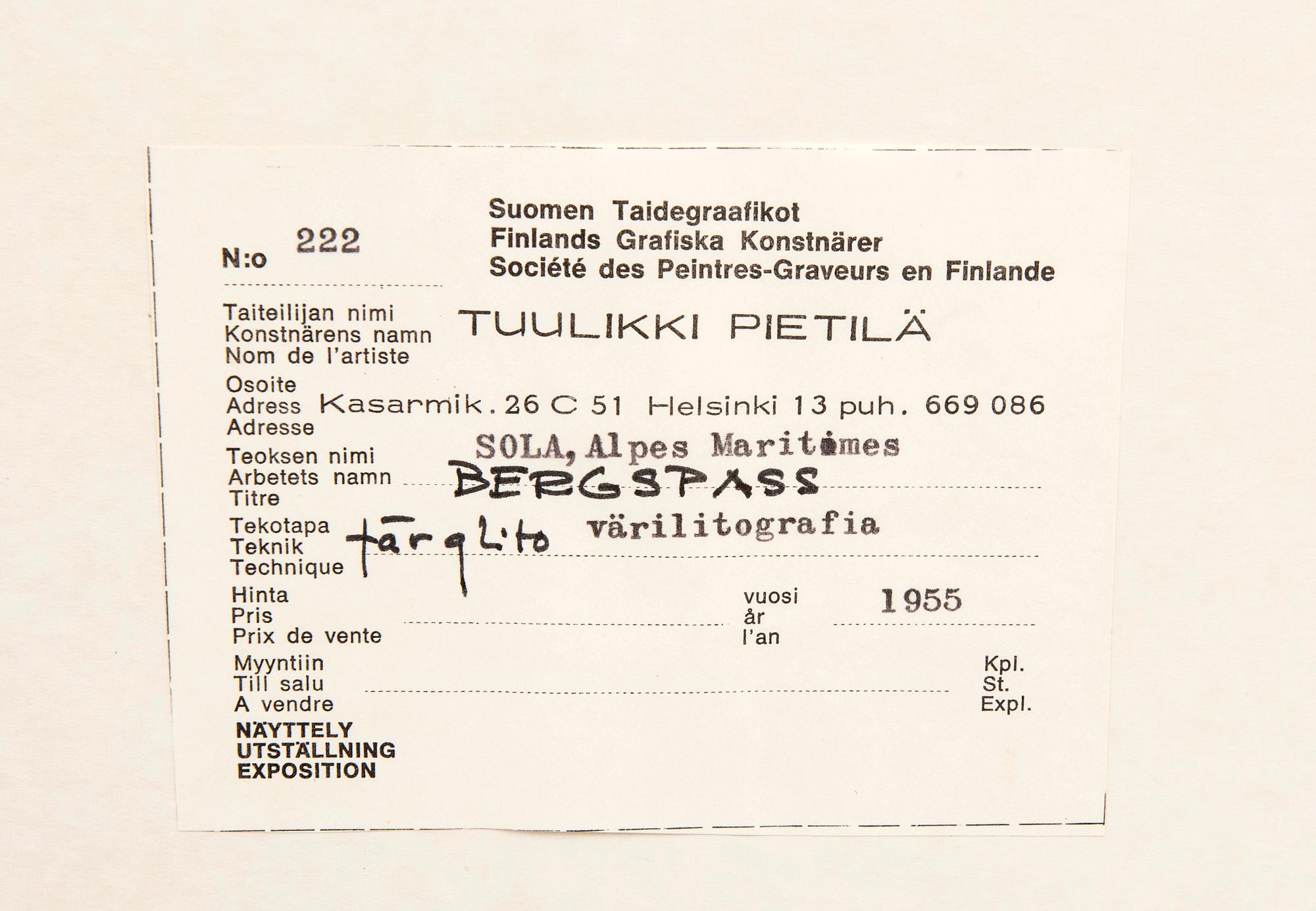 Tuulikki Pietilä, color lithograph and wood engraving, signed, dated, and numbered 1946 4/10 and 1955 4/7.
